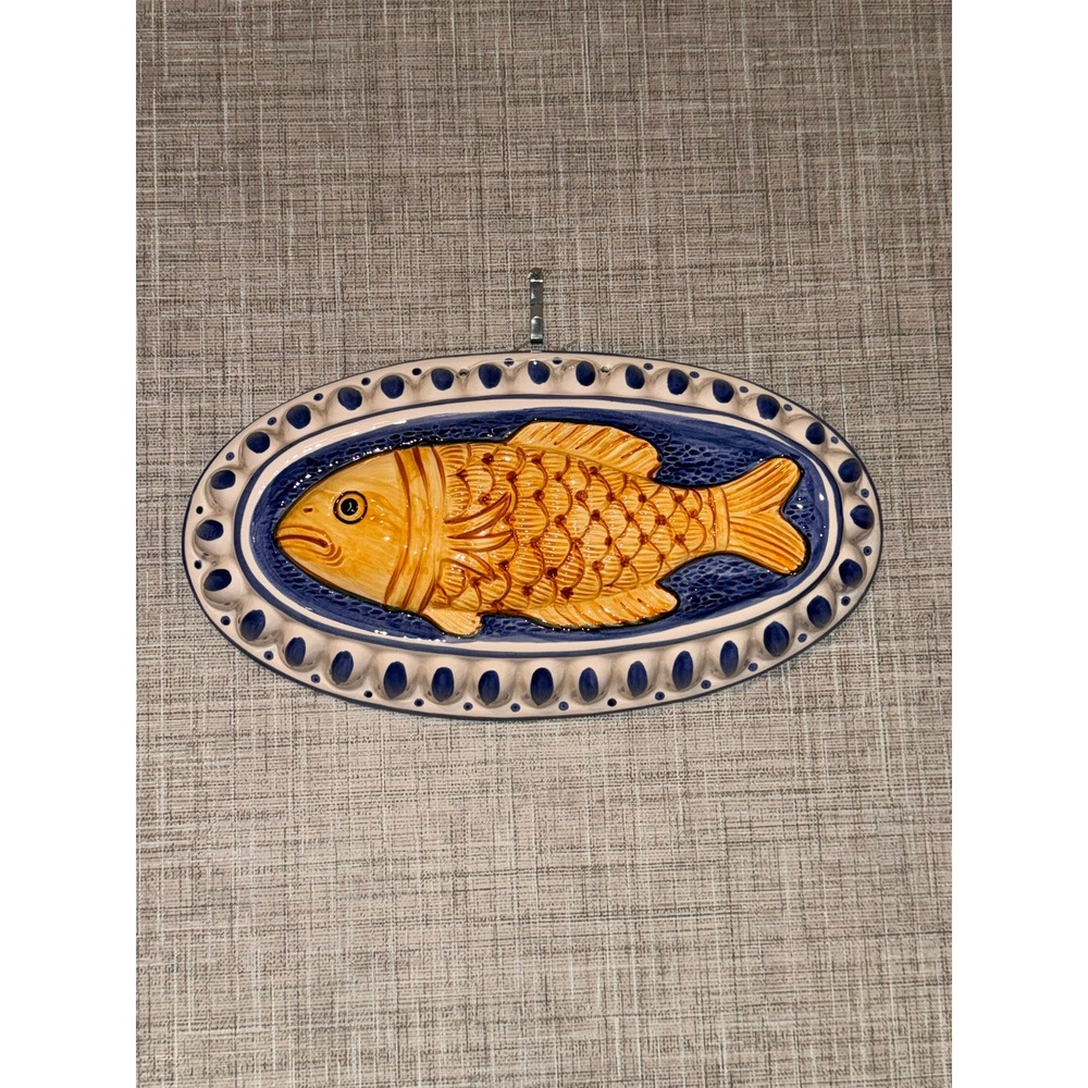 Vintage Hand Painted Ceramic Fish Wall Plaque Blue Yellow Coastal Decor 14"